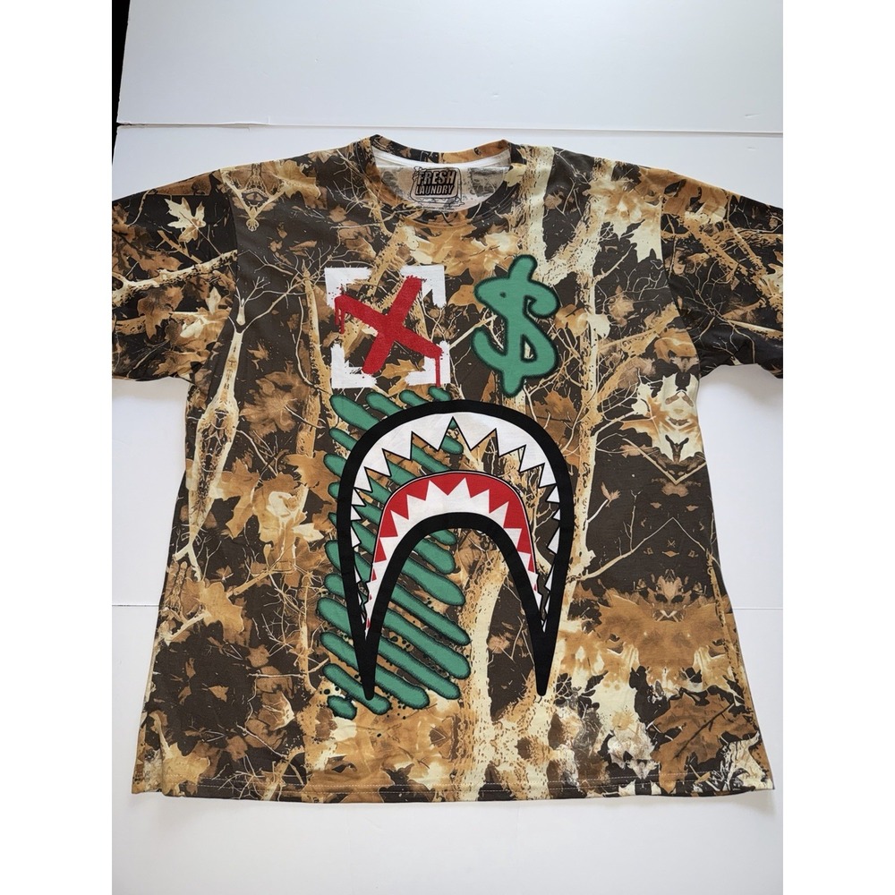 Fresh Laundry Men 2XL T-Shirt Shark Mouth Camo Dollar Brown Green Streetwear NWT